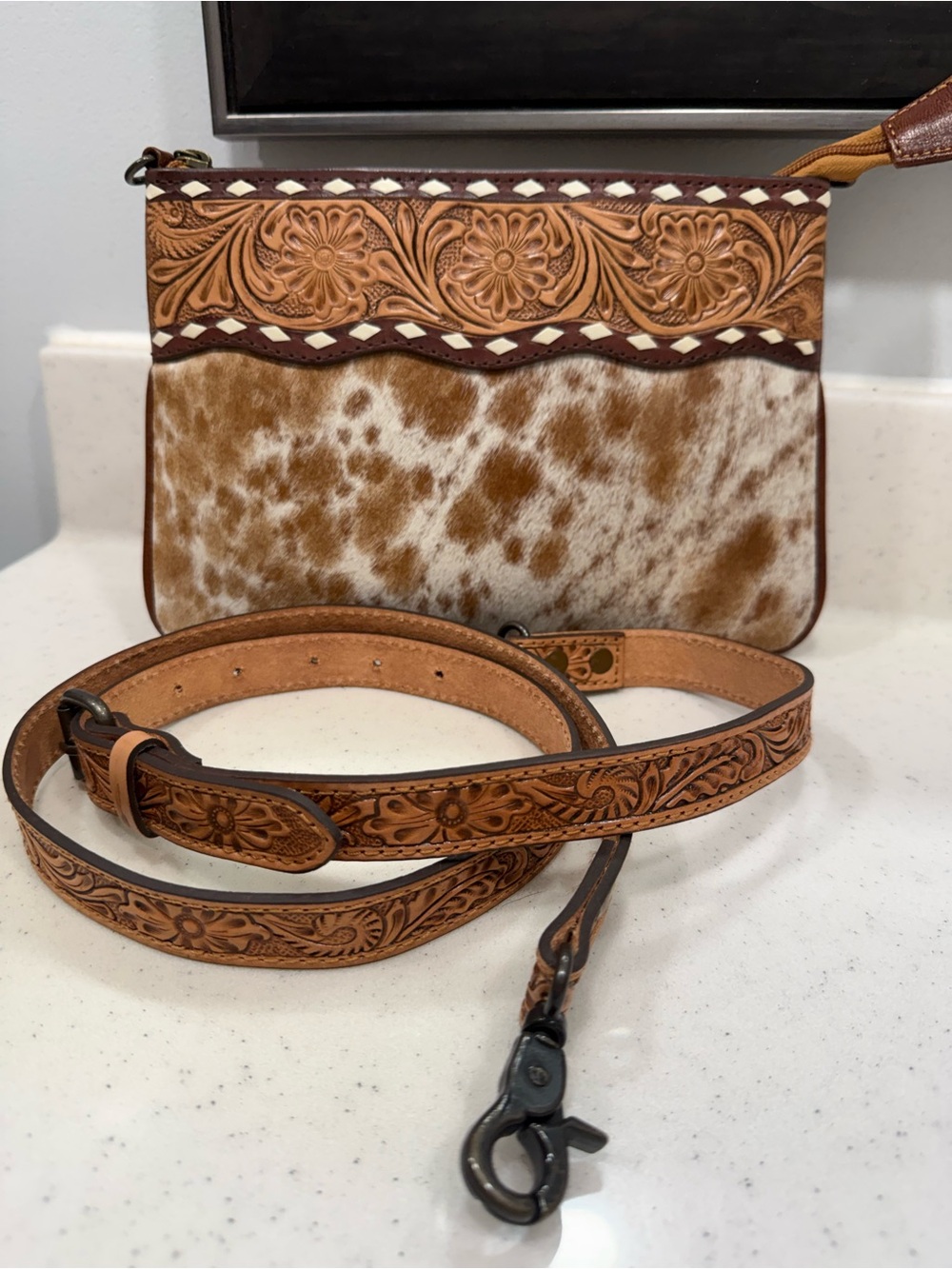 Hand-Tooled Brown & White Cowhide Leather Crossbody Bag